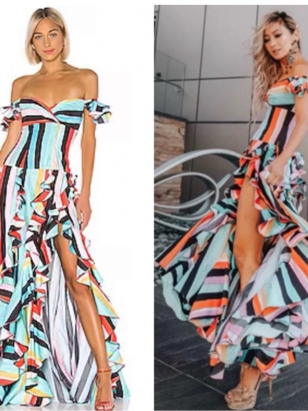 Caroline Constas Multicolor Off-Shoulder Stripe High-Low Ruffle Dress